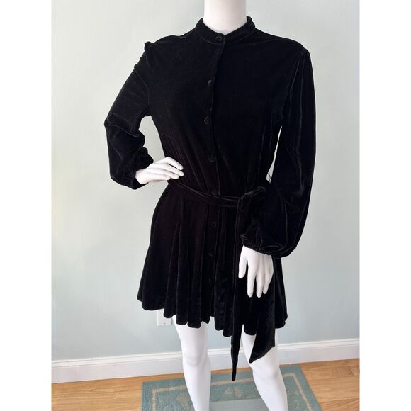 Zara Black Velvet Belted Balloon Sleeve Button Up Mini Dress size Medium - Picture 1 of 10